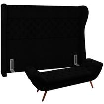 Kit Cabeceira Cama Box Casal 160 cm Madrid com Puff Recamier Santorini Bouclê Preto - Lyam Decor