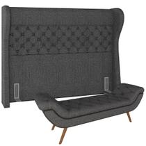 Kit Cabeceira Cama Box Casal 160 cm Madrid com Puff Recamier Santorini P05 Linho Cinza Escuro - Lyam Decor