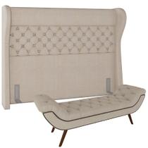 Kit Cabeceira Cama Box Casal 160 cm Madrid com Puff Recamier Santorini P05 Linho Creme - Lyam Decor