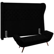Kit Cabeceira Cama Box Casal 160cm Madrid Com Puff Recamier Santorini Bouclê Preto