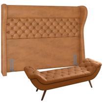 Kit Cabeceira Cama Box Casal 195 cm Madrid com Puff Recamier Santorini material sintético Whisky - Lyam Decor