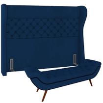 Kit Cabeceira Cama Box Casal 195 cm Madrid com Puff Recamier Santorini P05 Veludo Azul Marinho - Lyam Decor