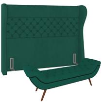 Kit Cabeceira Cama Box Casal 195 cm Madrid com Puff Recamier Santorini Veludo Verde - Lyam Decor