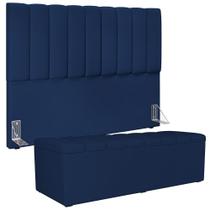 Kit Cabeceira Cama Box Casal King 195cm com Calçadeira Baú Dália W01 Suede Azul Marinho - Lyam Kit Cabeceira Cama Box Casal King 195cm com Calçadeira Baú Dália W01 Suede Azul Marinho - Lyam