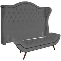 Kit Cabeceira Cama Box Casal Lisboa 140 Cm com Puff Recamier Santorini Linho Cinza Escuro - Lyam Decor