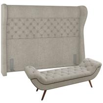 Kit Cabeceira Cama Box Queen 160 cm Madrid com Puff Recamier Santorini P05 Bouclê Creme - Lyam Decor