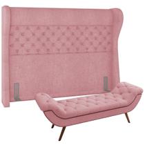 Kit Cabeceira Cama Box Queen 160 cm Madrid com Puff Recamier Santorini P05 Bouclê Rosê Lyam Decor