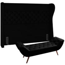 Kit Cabeceira Cama Box Queen 160 cm Madrid com Puff Recamier Santorini P05 Sintético Preto Lyam Decor Kit Cabeceira Cama Box Queen 160 cm Madrid com Puff Recamier Santorini P05 Sintético Preto Lyam Decor