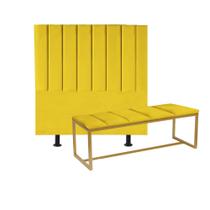 Kit Cabeceira Carla e Calçadeira Industrial 100cm Solteiro Box Ferro Dourado Suede Amarelo - Ahz Móveis