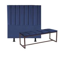 Kit Cabeceira Carla e Calçadeira Industrial 100cm Solteiro Box Ferro Marrom Suede Azul Marinho - Ahz Móveis