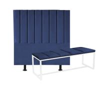 Kit Cabeceira Carla e Calçadeira Industrial 140cm Casal Box Ferro Branco Sintético Azul Marinho - Ahazzo Móveis