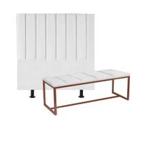 Kit Cabeceira Carla e Calçadeira Industrial 140cm Casal Box Ferro Bronze Suede Branco - Ahz Móveis