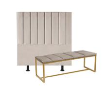 Kit Cabeceira Carla e Calçadeira Industrial 140cm Casal Box Ferro Dourado Suede Bege - Ahz Móveis