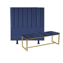 Kit Cabeceira Carla e Calçadeira Industrial 195cm King Size Box Ferro Dourado material sintético Azul Marinho - Ahz Móveis