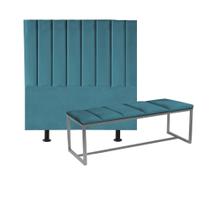 Kit Cabeceira Carla e Calçadeira Industrial 90cm Solteiro Box Ferro Cinza Suede Azul Turquesa - Ahz Móveis