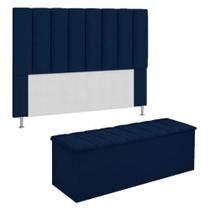 KIT Cabeceira com Calçadeira baú eros Casal 140 cm Para Cama Box Suede azul marinho Biselos-Decor