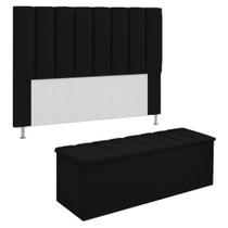 KIT Cabeceira com Calçadeira baú eros Casal 140 cm Para Cama Box Suede Preto Biselos-Decor