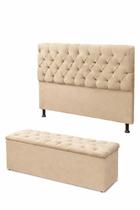Kit Cabeceira De Cama Box com Calçadeira Baú Mirage Capitonê 90 cm Suede Bege Eli Móveis e Decoração
