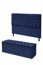 Kit Cabeceira De Cama Box com Calçadeira Baú Mirage Capitonê Casal 140 cm Suede Azul Marinho Eli Móveis e Decoração