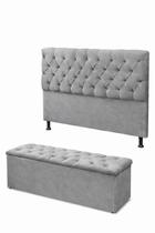 Kit Cabeceira De Cama Box com Calçadeira Baú Mirage Capitonê Casal 140 cm Suede Cinza Eli Móveis e Decoração