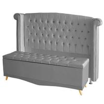 Kit Cabeceira De Cama Box e Calçadeira Baú Luxo Queen 160 cm Suede Prata Eli Móveis