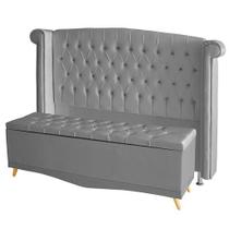Kit Cabeceira De Cama Box e Calçadeira Baú Malibu Queen 160 cm Suede Prata Eli Móveis