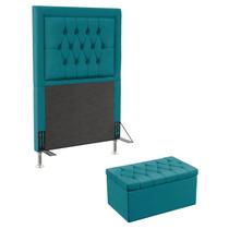Kit Cabeceira Decorativa para Cama Box Pegasus e Calçadeira Sagitarius 90 Solteiro Sued Azul Turques