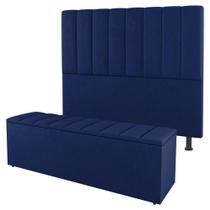 Kit Cabeceira E Baú Cama Box Casal Cora 140cm Suede Azul