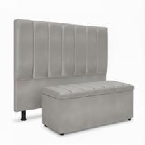 Kit Cabeceira E Calçadeira Baú Carla Casal 140 cm - Veludo Cinza