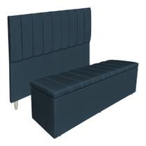 Kit Cabeceira e Calçadeira Baú Casal 1,40m Londres Suede Azul Marinho Dal Poz Estofados