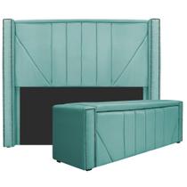 Kit Cabeceira e Calçadeira Baú Casal Minsk P02 140 cm para cama Box Suede Azul Tiffany - Amarena Móveis