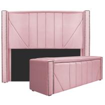 Kit Cabeceira e Calçadeira Baú Casal Minsk P02 140 cm para cama Box Suede Rosa Bebê - Amarena Móveis