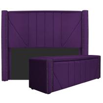 Kit Cabeceira e Calçadeira Baú Casal Minsk P02 140 cm para cama Box Suede Roxo - Amarena Móveis