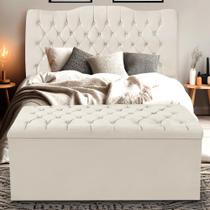 Kit Cabeceira e Calçadeira Baú Dunas Casal 140 cm - Veludo Bege Claro