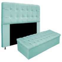 Kit Cabeceira e Calçadeira Baú Estofada Mel 140 cm Casal Com Botonê Suede Azul Tiffany - Doce Sonho Móveis