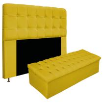 Kit Cabeceira e Calçadeira Baú Estofada Mel 140 cm Casal Com Capitonê Suede Amarelo - Doce Sonho Móveis