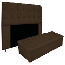 Kit Cabeceira e Calçadeira Baú Estofada Mel 140 cm Casal Com Capitonê Suede Marrom - ADJ Decor