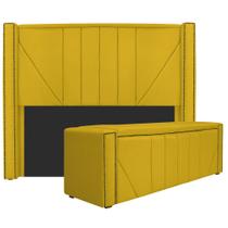 Kit Cabeceira e Calçadeira Baú King Minsk P02 195 cm para cama Box Sintético Amarelo - Amarena Móveis
