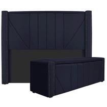Kit Cabeceira e Calçadeira Baú King Minsk P02 195 cm para cama Box Sintético Azul Marinho - Amarena Móveis