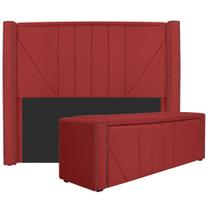 Kit Cabeceira e Calçadeira Baú King Minsk P02 195 cm para cama Box Sintético Vermelho - Amarena Móveis