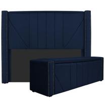 Kit Cabeceira e Calçadeira Baú King Minsk P02 195 cm para cama Box Suede Azul Marinho - Amarena Móveis