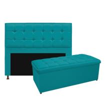 Kit Cabeceira e Calçadeira Copenhague 140 cm Casal Suede Azul Turquesa - ADJ Decor