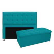 Kit Cabeceira e Calçadeira Copenhague 140 cm Casal Suede Azul Turquesa AM Decor