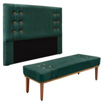 Kit Cabeceira e Calçadeira Recamier Queen 1,60m Gênova Veludo Verde Floresta - Pallazio
