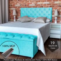 Kit Cabeceira e Recamier Luna Capitonê Baú Queen Suede Liso Azul Turquesa RBL
