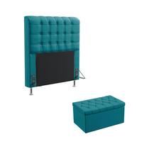 Kit Cabeceira Estofada Decorativa Dama 90 Para Cama de Solteiro e Calçadeira Sagitarius Sued Azul Turquesa Aradecor