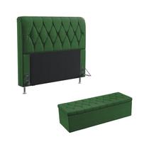 Kit Cabeceira Estofada Decorativa Para Cama Box Sirius 160 Para Cama Queen e Calçadeira Sagitarius Sued Verde Aradecor