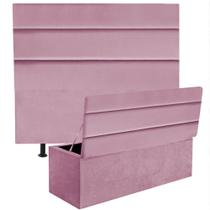 Kit Cabeceira Estofada e Calçadeira Baú Recamier Argent 100cm Solteiro Suede Rosa Bebê - Ahazzo Móveis