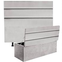 Kit Cabeceira Estofada e Calçadeira Baú Recamier Argent 140cm Casal Padrão material sintético Cinza Claro - Ahz Móveis