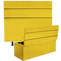 Kit Cabeceira Estofada e Calçadeira Baú Recamier Argent 140cm Casal Padrão Suede Amarelo - Ahazzo Móveis